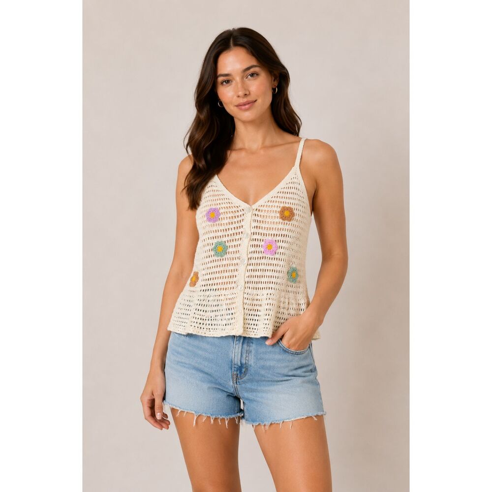 Blank NYC Cream Crochet Beach Bum Peplum Top S